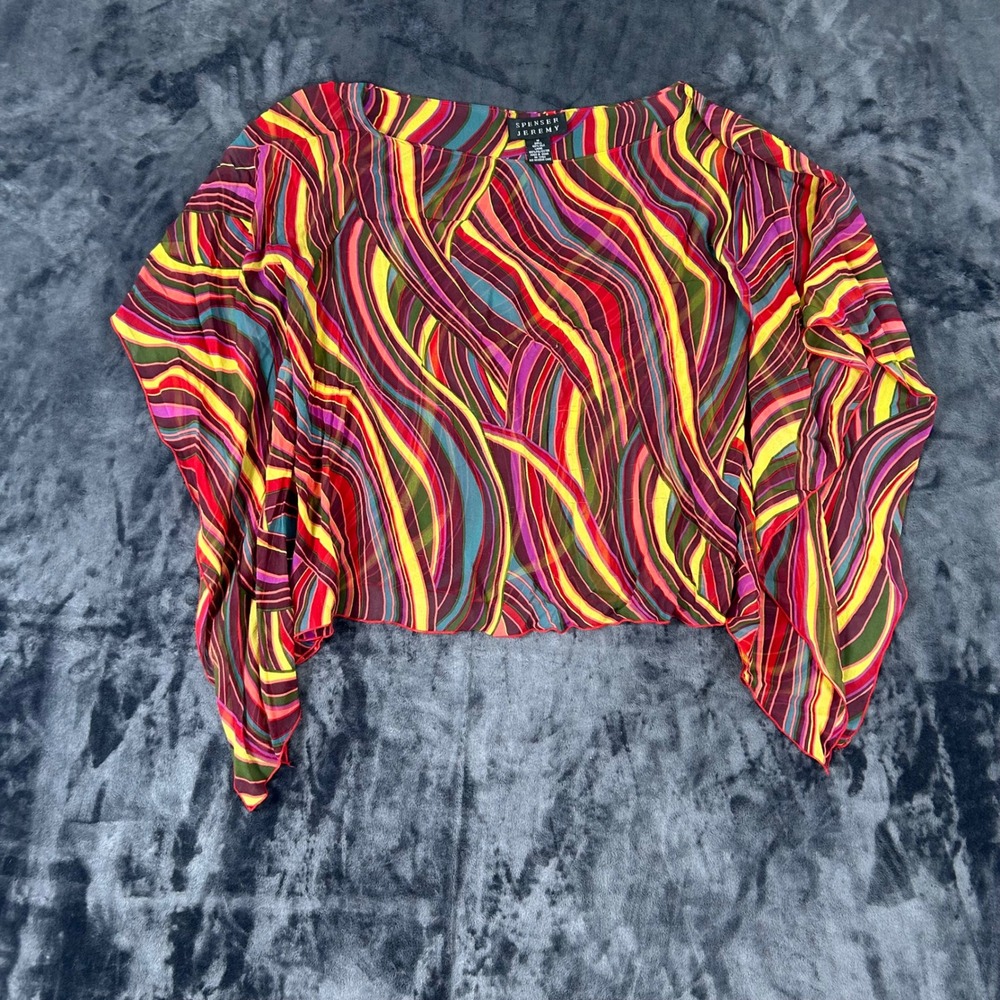 Spenser Jeremy Silk Poncho Top Womens Medium Multi Color Abstract Wavy Sheer